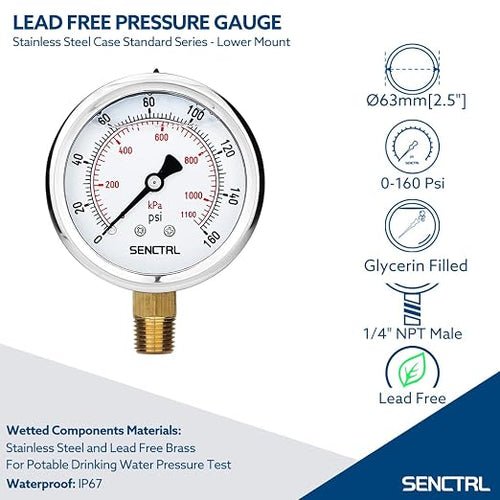 160 Psi Lead-Free Glycerin Liquid Filled Low Pressure Gauge, 2.5" Dial Size, 1/4" NPT Lower Mount, Stainless Steel Case, for Home Potable Water Pump, Air, Well, RV Hose, Pressure Test