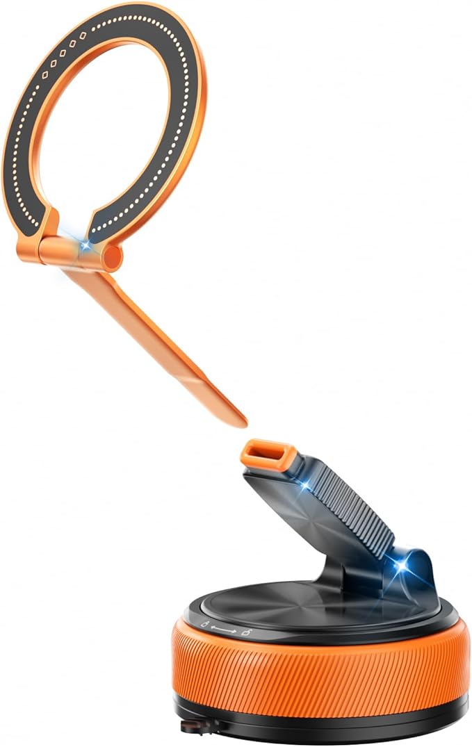 Magnetic Car Phone Mount, 2-in-1 Detachable Ring Stand for Desk & Dashboard, 360° Triple Axis Windshield Holder, N52 Strong Magnet, Universal Fit, Includes 2 Metal Plates, (orange)