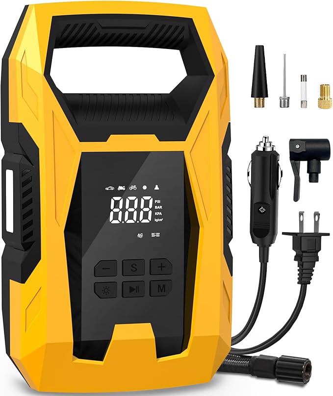 AC/DC Tire Inflator Portable Air Compressor, Dual Power for Home 110V AC and Car 12V DC Air Pump with Pressure Gauge, Auto Shutoff, Tire Pump for Car Motorcycle Bicycle and Other Inflatables