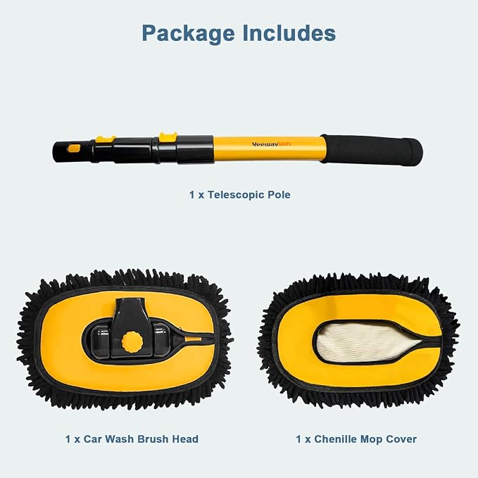 Car Wash Brush with Long Handle, Microfiber Car Wash Mop with Replaceable Chenille Brush Head, Soft Cleaning Brush with 15° Curved Extension Pole Car Wash Kit for RV Truck Camper, Yellow