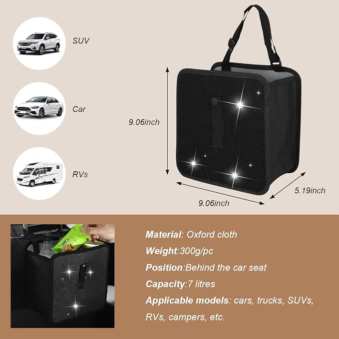 Car Trash Can, Bling Rhinestone Crystal Waterproof Hanging Garbage Bag for Car Interior, Oxford Leakproof Foldable Waste Organizer Trash Bin Universal for Most Vehicles (Black)
