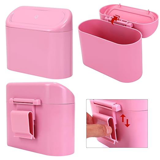 2 Pack Mini Car Trash Can with Lid, Small Car Garbage Can, Cute Leakproof ABS Trash Bin, Auto Accessories for Interior, Garbage Bin for Home, Office with 120pcs Trash Bags Pink