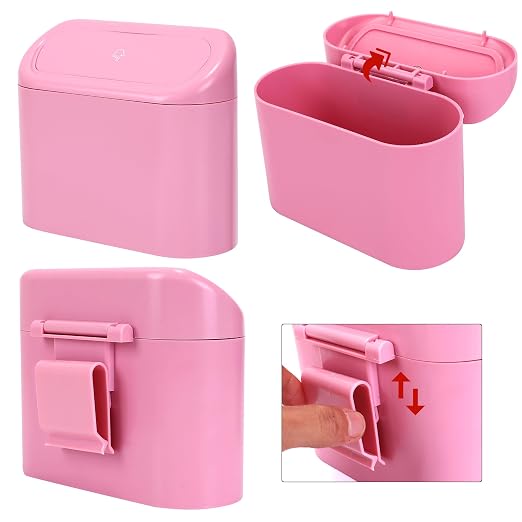 Mini Car Trash Can with Lid, Small Car Garbage Can, Cute Leakproof ABS Car Trash Bin, Car Accessories for Interior, Garbage Bin for Car, Home, Office with 60pcs Trash Bags Pink