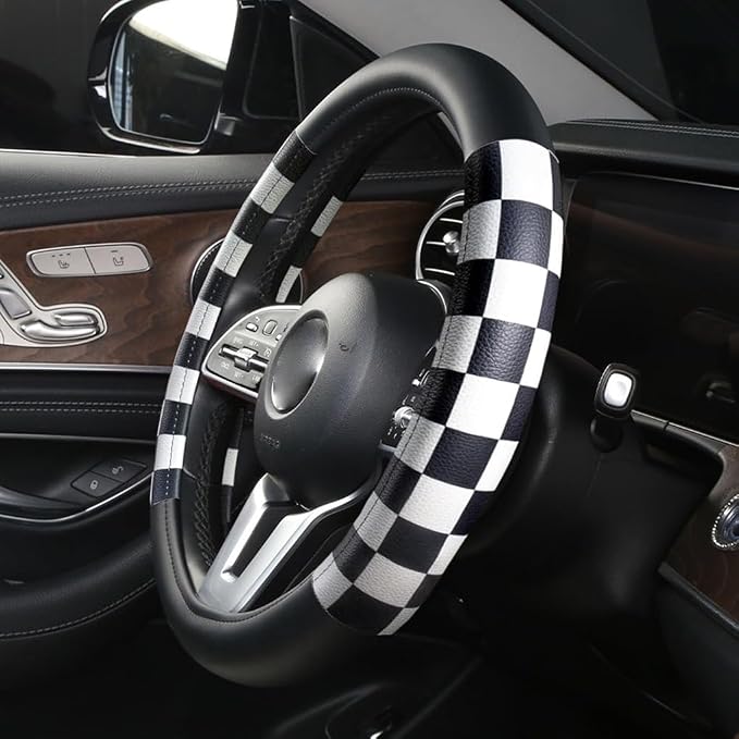 Lattice Car Steering Wheel Cover Microfiber Leather Non-Slip Comfort Universal 15 inch Checkered Plaid Wheel Protector for Truck, SUV, Cars (Black White)