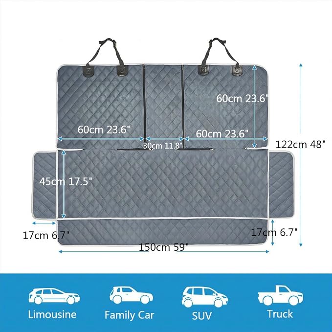 Grey Dog Car Seat Cover for Back Seat X-Large,Non-Stick Fur,Pet-Friendly and Waterproof - Universal Fit Interior Protector for Auto, Van, SUV - Ideal for Kids and Pets (X-Large)