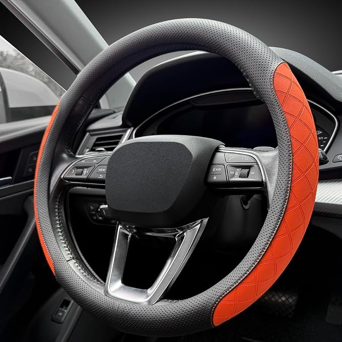 Nappa Leather Steering Wheel Cover, Diamond Checkered Design, Non-Slip wear-Resistant, Enhance Driving Comfort, Suitable for Steering Wheel Diameter 14 1/2‘-15’ Models.Black Orange