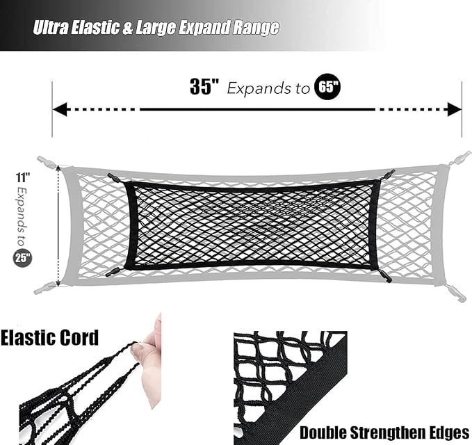 Double-Layer Trunk Cargo Elastic Net for SUV, 35"x11" Stretch to 65"x25" for Car Organizer Heavy Duty with Hooks