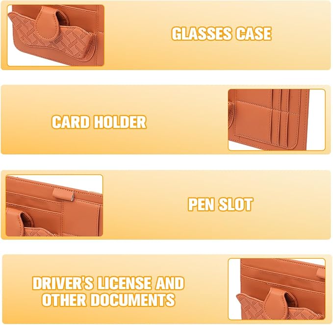 Car Sun Visor Organizer, Multifunctional Visor Storage Pouch with Sunglasses Holder & Card Sleeve Pocket, Auto Interior Organizer Pocket Bag for Pens Cards Documents, Universal Fit (Brown)