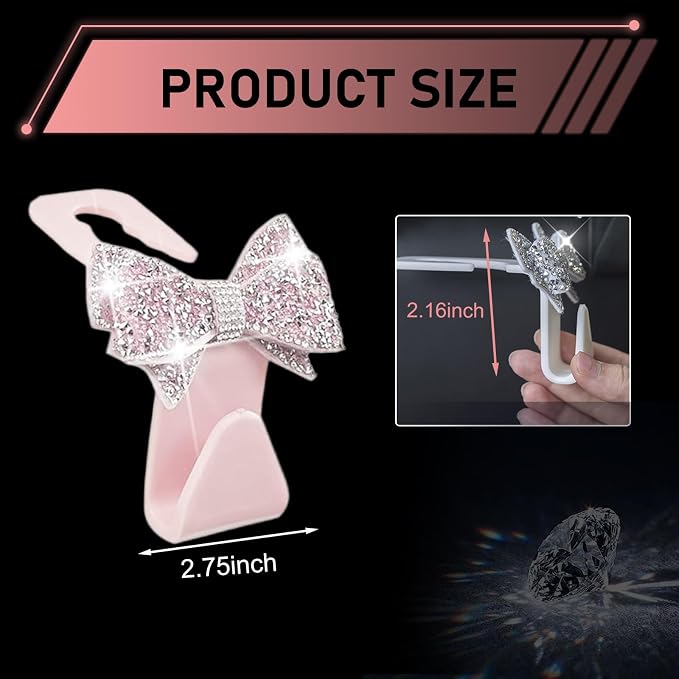 2PCS Bling Bow Car Seat Headrest Hooks, S Type Cute Bow Car Seat Back Hanger Storage for Purses Bags Grocery, Crystal Rhinestone Vehicle Rear Seats Organizer, Universal for Most Cars (Pink)