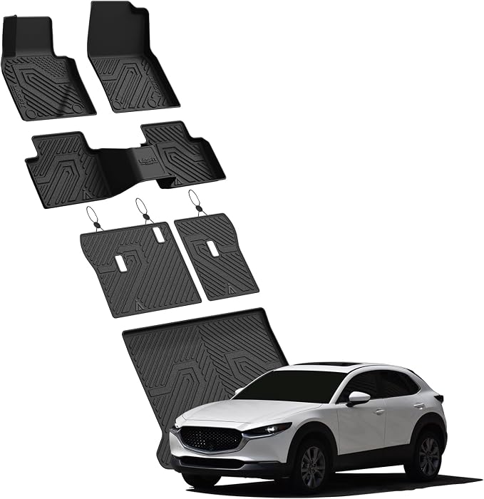 Floor Mats & Trunk Mat & Backrest Mat for Mazda CX30 2020-2026 All Weather TPE Custom Fit 2026 2025 2024 2023 2022 2021 2020 1st & 2nd Row Floor Liners Car Mats Accessories, Black