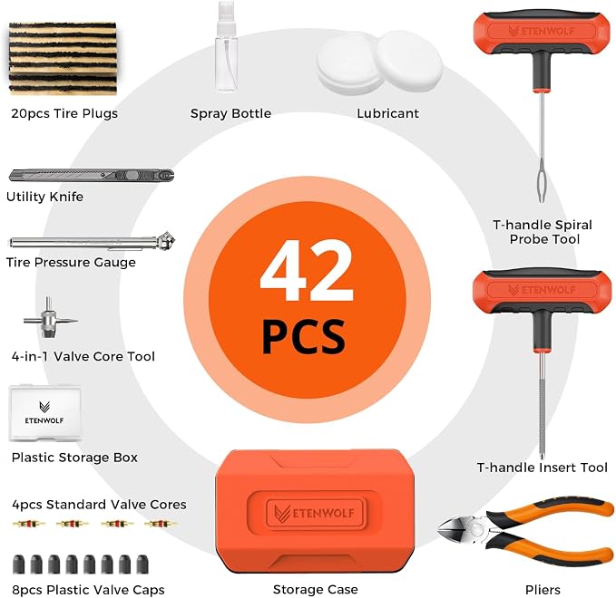 Tire Repair Kit 42 Pcs, Heavy Duty Tire Plug Kit to Fix Punctures, Tire Repair Tool with Plugs for Car, Motorcycle, ATV, Jeep, Truck, Tractor, Gifts for Him Her Men Women, Vivid Orange
