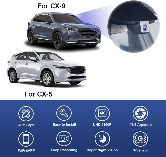 4K Dash Cam for 2017-2025 Mazda CX-5 & CX-9 Select Preferred Premium Plus Carbon Turbo Sport Grand Touring (Has Sunroof), OEM Look, 2160P UHD Video, WiFi&APP, Loop Recording Parking Mode, 64GB