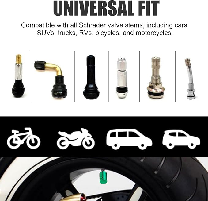 Tire Valve Stem Caps - (4 Pack) Premium Metal Air Caps with Plastic Liner, Durable, Corrosion Resistant and Leak-Proof, Universal Fit for Cars, Trucks, Motorcycles, and Bikes - Green