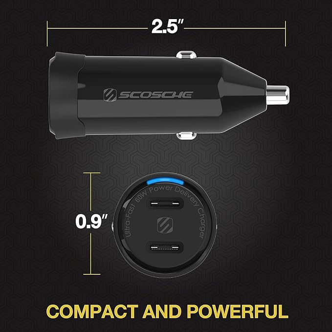 CPDCC60 PowerVolt 60W Certified Dual USB Type-C + Type-C Fast Car Charger Power Delivery 3.0 with PPS for All USB-C Devices