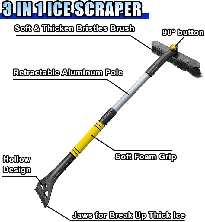 31.5" Detachable Snow Brush and Ice Scraper for Car Windshield, 2-in-1 Winter Snow Removal Tool with Extendable, 360° Rotating Soft Bristle Brush Head and Foam Grip for Most Vehicles (Yellow)