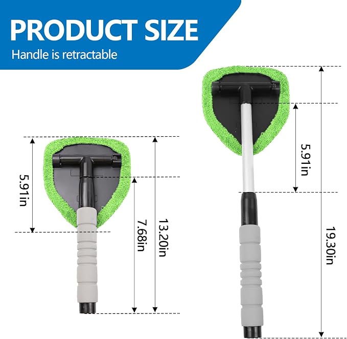 Car Windshield Cleaning Tool, Car Windshield Window Cleaner, Auto Window Glass Cleaning Kit with Extendable Handle & Reusable Microfiber Pad & Spray Bottle, Universal Car Accessories (Green)