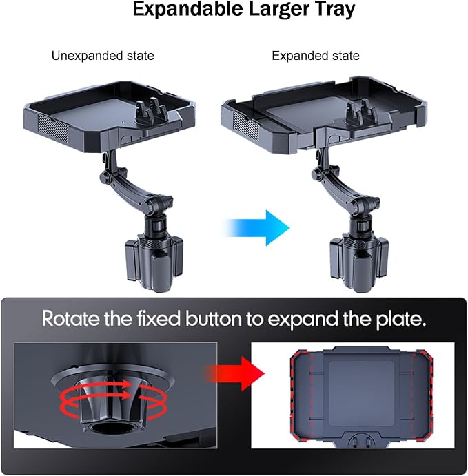 Larger Car Cup Holder Tray, 9~11 inch Expandable Car Food Tray for Eating Hamburger/Snacks, Car Travel Cup Coffee Table Stand 360° Rotating Tray Table with Phone Holder, Road Trip Essentials