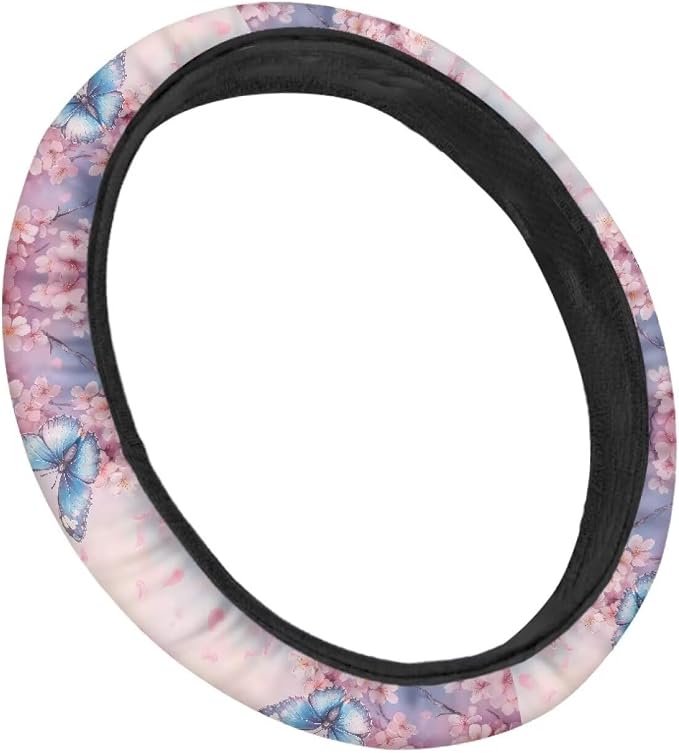 Butterfly Peach Blossom Pattern Car Steering Wheel Cover with a Diameter of 15" Comfortable Auto Steering Wheel Protector Car Interior Accessories Fit Most Van SUV Truck Car