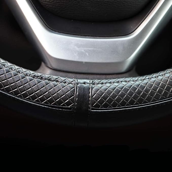 Steering Wheel Covers Universal 15 inch - Genuine Leather, Breathable, Anti Slip & Odor Free (Black with Black Lines, M(14" 1/2-15" 1/4))