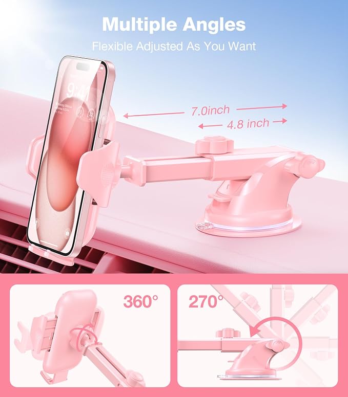 Pink Phone Holder for Your Car [Sturdy & Durable] [Powerful Suction] Dashboard Windshield Air Vent Car Phone Holder Hands Free Phone Mount for Car for iPhone Android, Pink Car Accessories