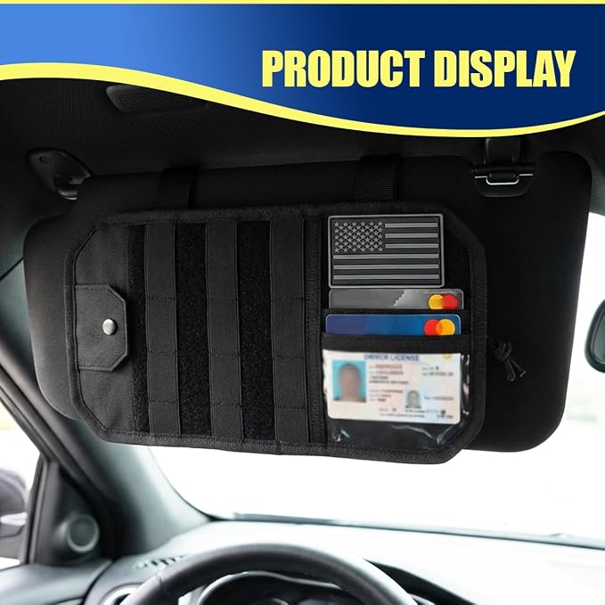 Car Sun Visor Organizer, Multifunctional Car Visor Zip Storage Pouch with Glasses Clip & Card Sleeve Pocket, Auto Interior Semi-Rigid MOLLE Panel for Cars, SUVs, Trucks (Black)