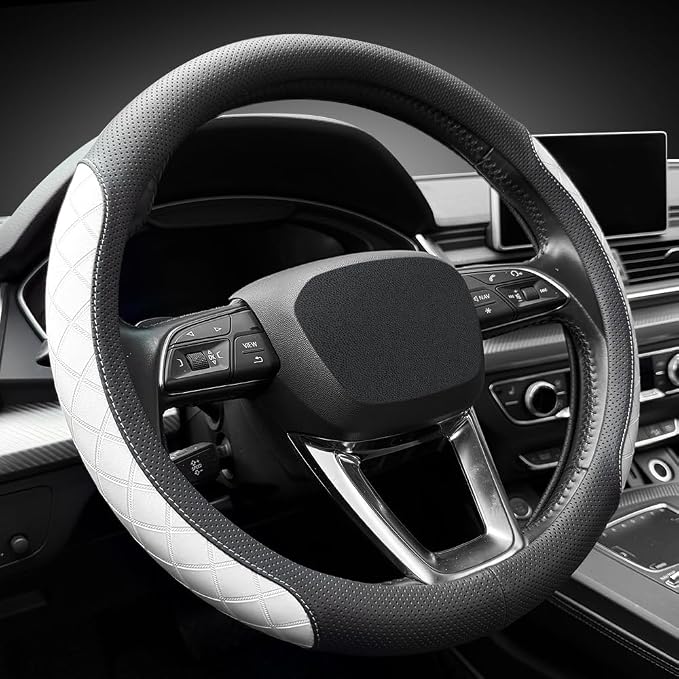 Nappa Leather Steering Wheel Cover, Elegant Diamond Checkered Design, Non-Slip wear-Resistant, Enhance Driving Comfort, Suitable for Steering Wheel Diameter 14 1/2‘-15’ Models.Black White