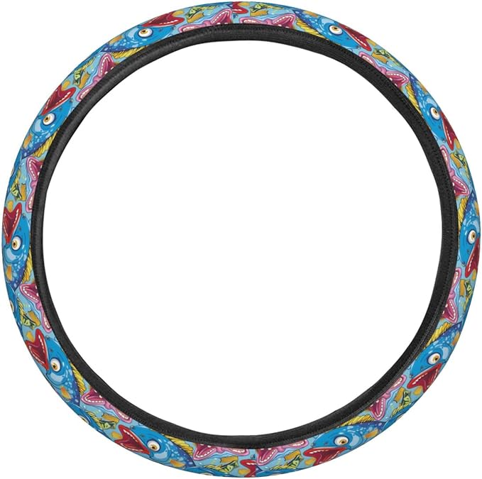 Colorful Cartoon Bass Fishes Steering Wheel Covers Anti-Slip Elasticity Car Accessories Steering Wheel Protector Universal 15 Inch for Cars SUV Vehicle Truck
