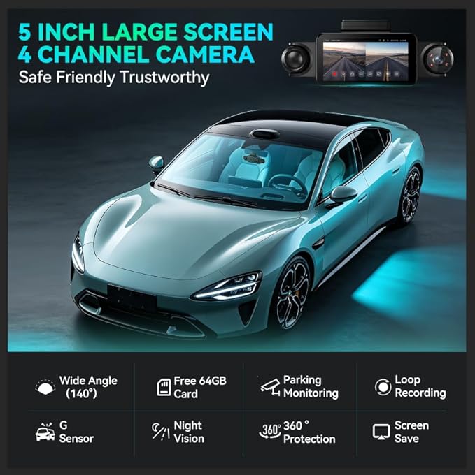 360°View 4 Channel Dash Cam, 5'' IPS Large Screen Dash Camera for Cars, 4K+1080P Front and Rear Inside Left Right, Built-in IR Night Vision, 24H Parking Mode, 64GB SD Card, Wireless APP Transmission