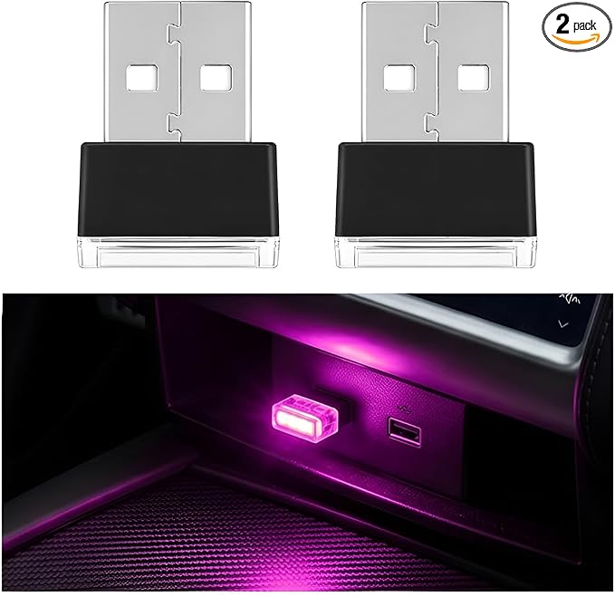 2PCS USB LED Car Interior Atmosphere Lamp, Portable Mini, Purple | 5V USB-A plug-in, soft accent glow, no wiring, decor night light, car accessories for cars, SUVs, trucks