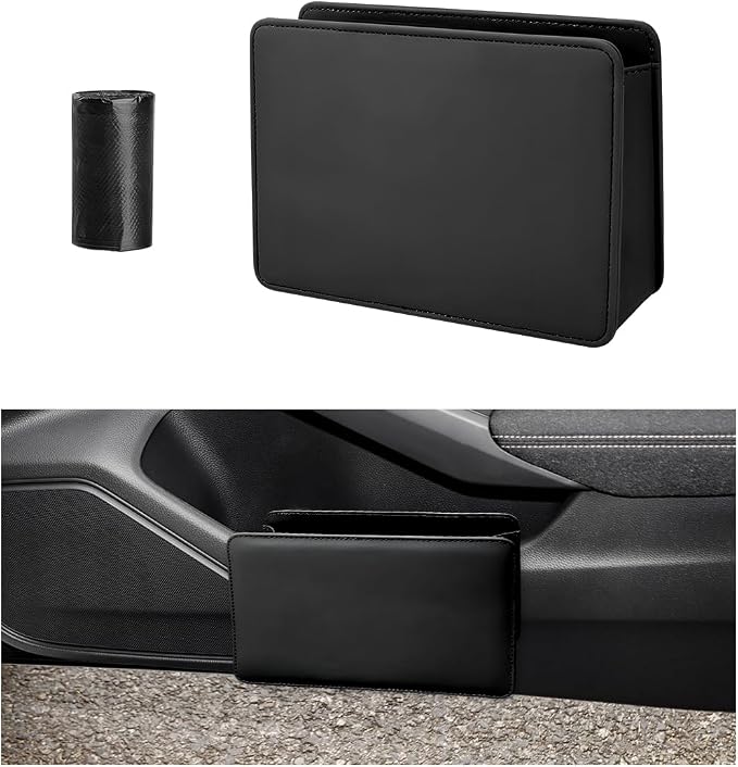 Car Trash Can, Foldable Leather Automotive Garbage Bin Organizer Holder with One Roll Trash Bag, Multi-Function Mini Hanging Dustbin Storage Bag Container for SUV Truck RV (Black)