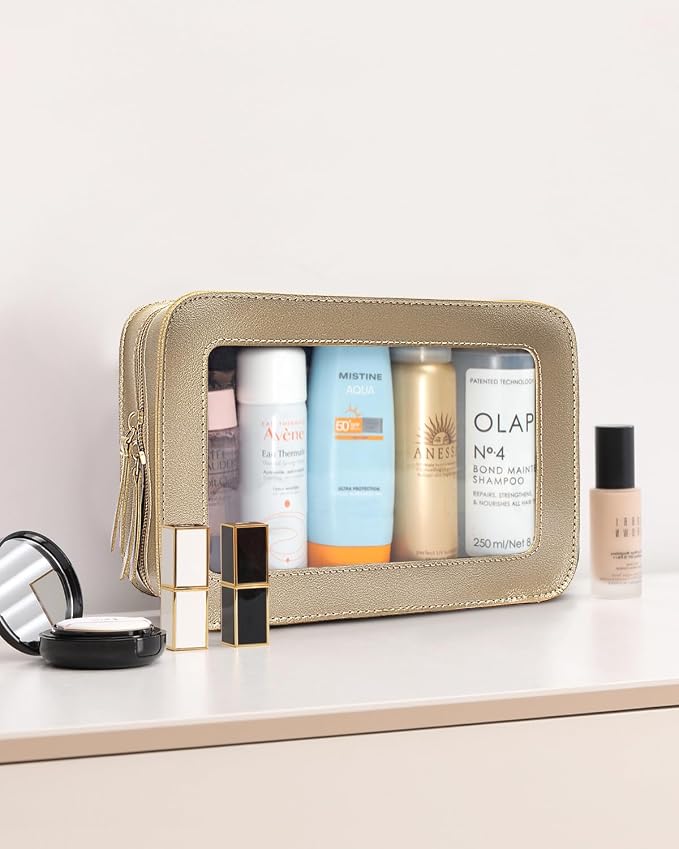 Clear Makeup Bags,TSA Approved Toiletry Bag with Zipper,Sunscreen Bag Clear Makeup Toiletry Pouch Beach Vacation Essentials for Women Teen Girls Gifts(Golden)