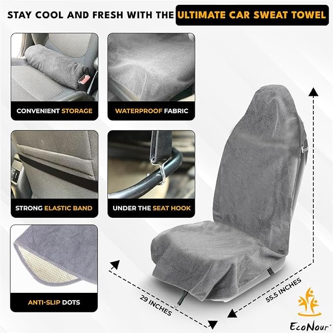 Car Seat Cover Sweat Towel – Waterproof Universal Seat Protector for Gym, Workout, Swimming, Camping & Dog Travel – Washable Car Seat Cover for Cars, Trucks, SUVs & Vans – Grey 29" x 55.5"