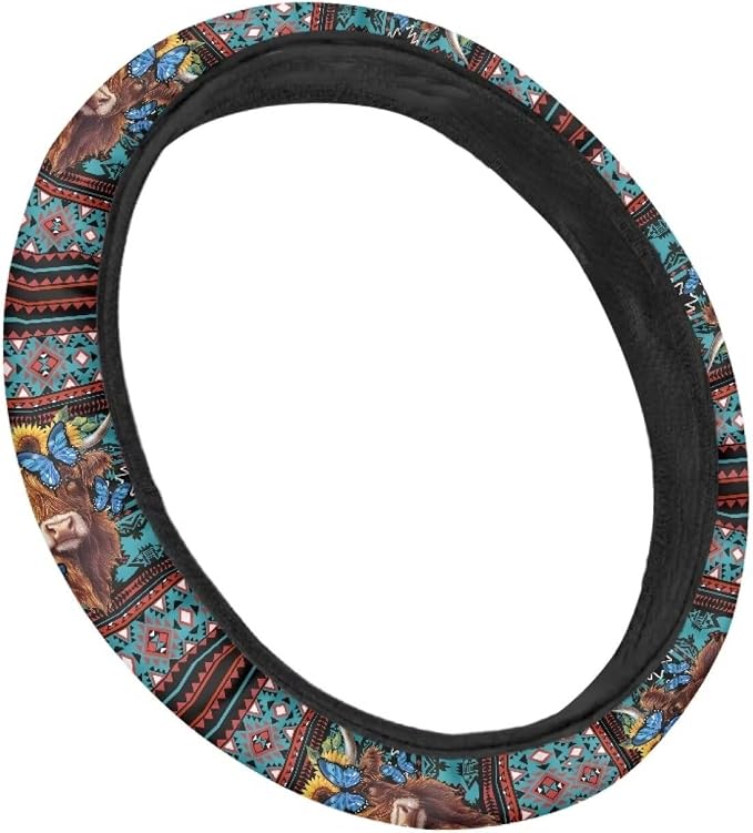 Aztec Highland Cow Sunflower Butterfly Car Steering Wheel Cover Soft Stretch Anti-Slip Washable Car Interior Accessory Universal Fit for Car SUV Trucks