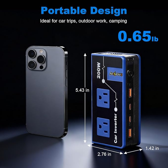 200W Car Power Inverter, Amcelooy Dual DC 12V to 110V AC Car Outlet Adapter to Wall Plug, Fast Charging 24W USB-C & USB Ports, Portable Charger Converter with for Laptops, Phones(Blue)