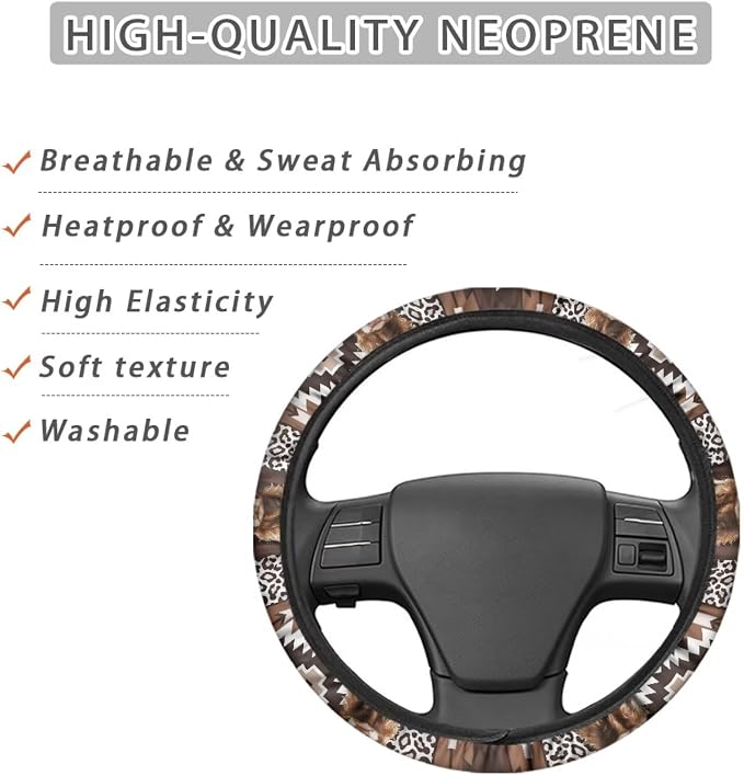 Steering Wheel Cover Fit Most Car SUV Van Truck American Tribal Geometric Sunflower Cow Pattern Car Wheel Protector Wear-Resistant Auto Wheel Cover Automotive Accessories
