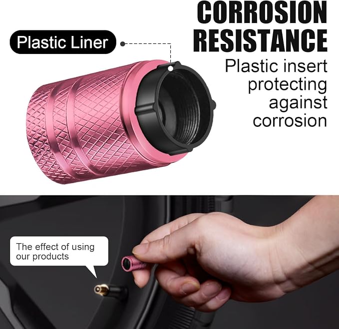 Tire Valve Stem Caps - (5 Pack) Metal Air Caps with Plastic Liner, Corrosion Resistant, Leak-Proof, Universal Stem Covers for Cars Trucks Motorcycles and Bikes - Pink