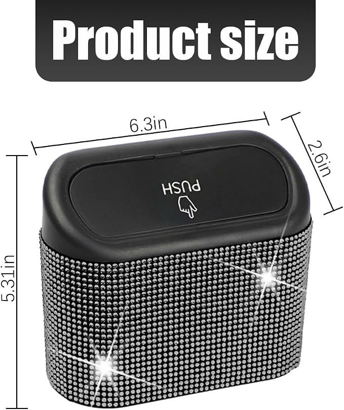 Bling Car Trash Can with Lid, Crystal Rhinestones Leakproof Auto Garbage Hanging Container Bin, Multipurpose Diamond Dustbin Storage Organizer, Universal Vehicle Accessories (Black)
