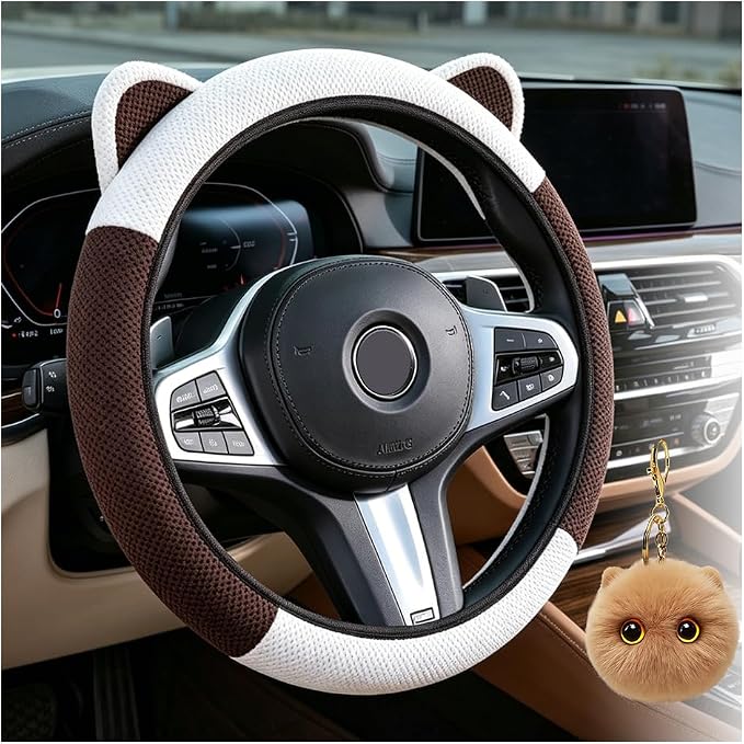 Steering Wheel Cover with Ears Keychain Fit 14-15 inch White Brown | Cute Car Steering Wheel Covers for Women Girls Elastic Breathable Steering Wheel Protector Accessories Universal Size