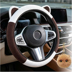 Steering Wheel Cover with Ears Keychain Fit 14-15 inch White Brown | Cute Car Steering Wheel Covers for Women Girls Elastic Breathable Steering Wheel Protector Accessories Universal Size
