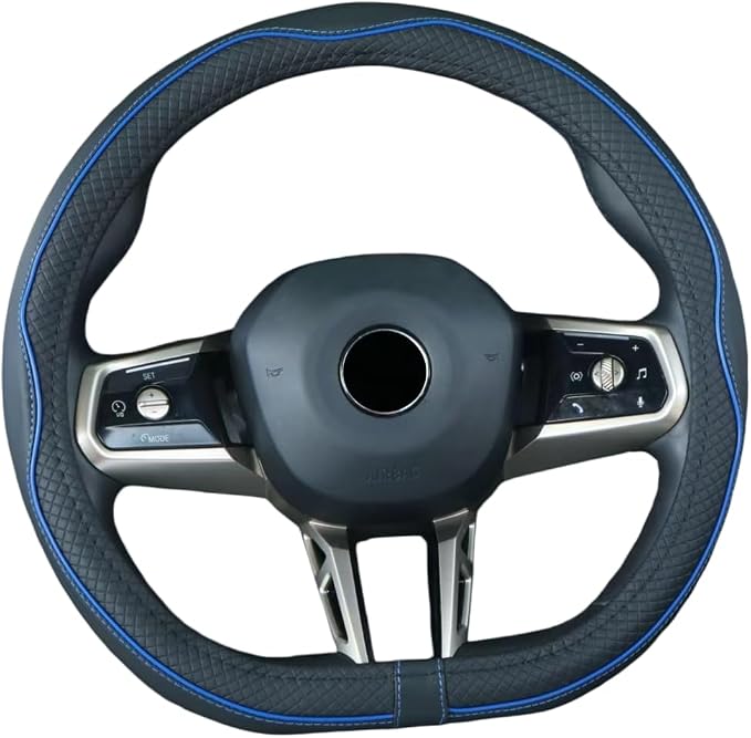 Flat Bottom Steering Wheel Cover Anti-Slip,Safety,Soft,Breathable,Durable,Full Surround,Comfortable Grip Microfiber Leather (D Shape, Black Dark Blue)