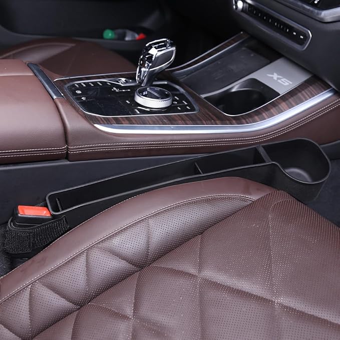 Car Seat Gap Filler, Multifunctional Seat Side Gap Filler with Cup Holder & Organizer, Gap Stopper Universal Fit Car SUV Truck Fill The Gap Between Seat & Console Set of 2 (Black)