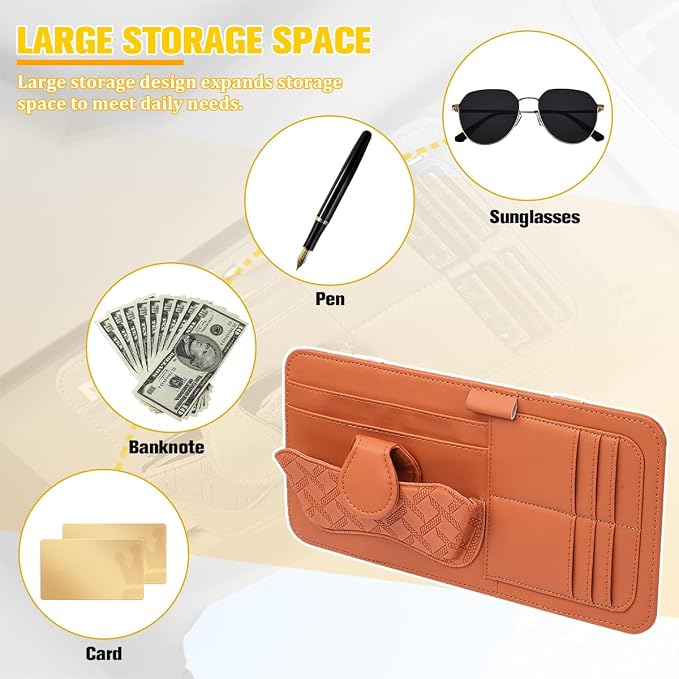 Car Sun Visor Organizer, Multifunctional Visor Storage Pouch with Sunglasses Holder & Card Sleeve Pocket, Auto Interior Organizer Pocket Bag for Pens Cards Documents, Universal Fit (Brown)