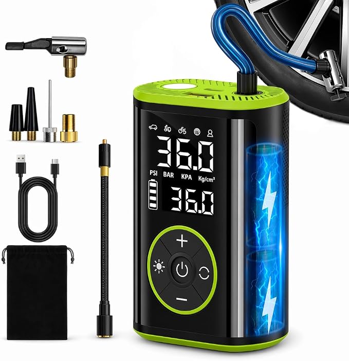 [10000mAh] Tire Inflator Portable Air Compressor - 150PSI 3X Faster Electric Cordless Air Pump for Car Tires, Bike Pump with Presta & Schrader Valves, Digital Gauge, LED Light, Auto Shut-Off