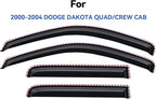 in-Channel Window Visors Rain Guards for 2000-2004 Dodge Dakota Quad/Crew Cab, Window Vent Wind Deflectors Visors Shades for 00 01 02 03 04 Dakota