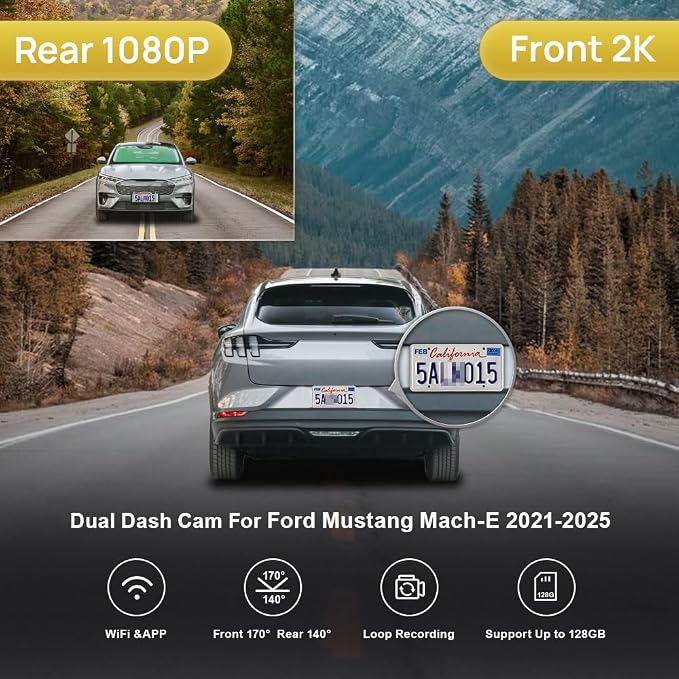 Front 2K+Rear 1080P Dash Cam for 2021-2025 Ford Mustang Mach-E GT Select Premium, Integrated OEM Look, Dual HD Video, Loop Recording, WiFi & APP, G-Sensor, Easy to Set, 64GB Card