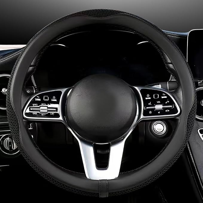 Car Steering Wheel Cover, Universal 15 inch, The Latest Microfiber Leather Breathable Technology Fabric, Non-Slip, Comfortable, Warm in Winter and Cool in Summer, Black