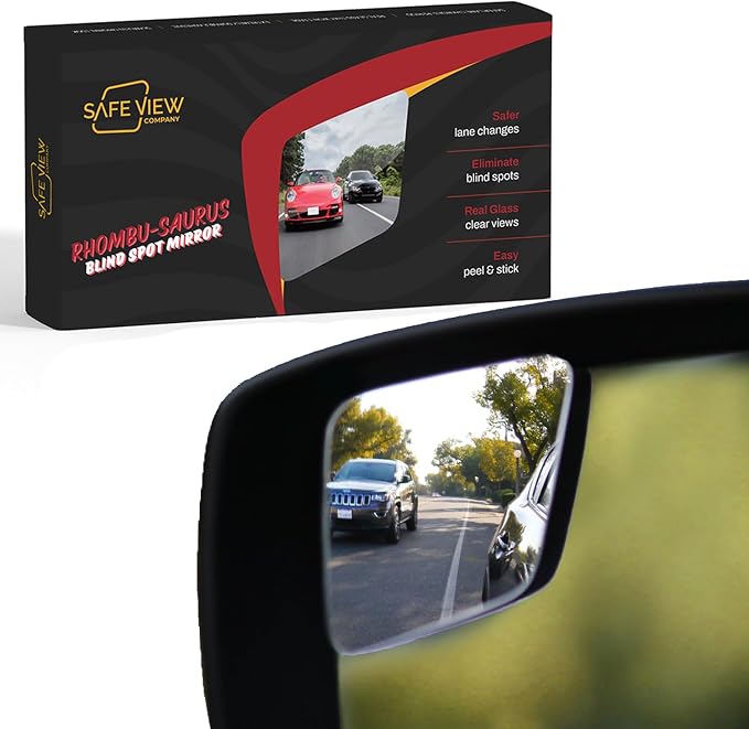 "Rhombus 4000" Car Blind Spot Mirror by Safe View Company - Change Lanes w Confidence, Frameless HD Convex Glass, Seamlessly Contours to Rear View Side Mirrors, Peel & Stick (2Pack)