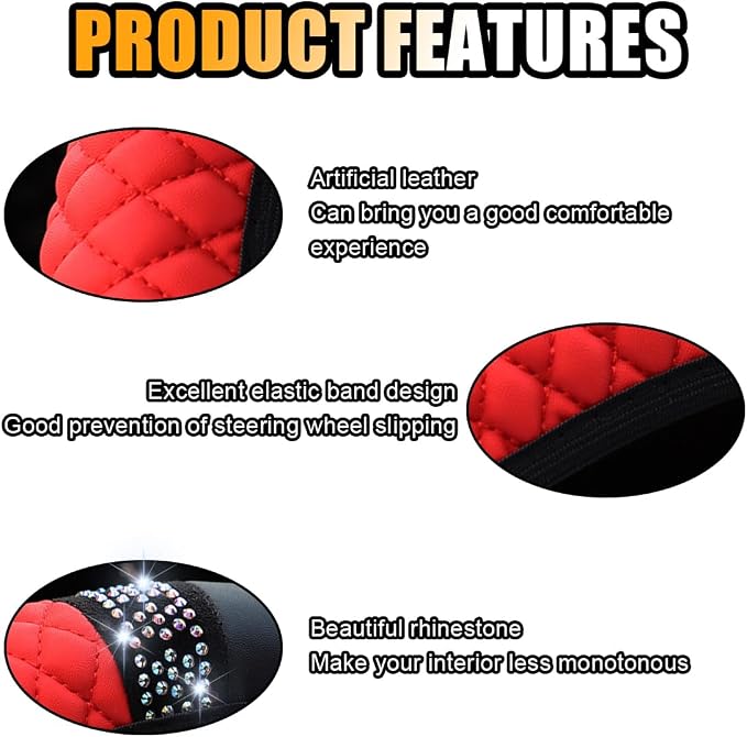 15 Inch Bling Soft Leather Car Steering Wheel Cover, Red | Colorful Rhinestones Design, Auto Elastic Protector for Women Girls, Crystal Diamond Car Accessories for Most Cars, SUVs