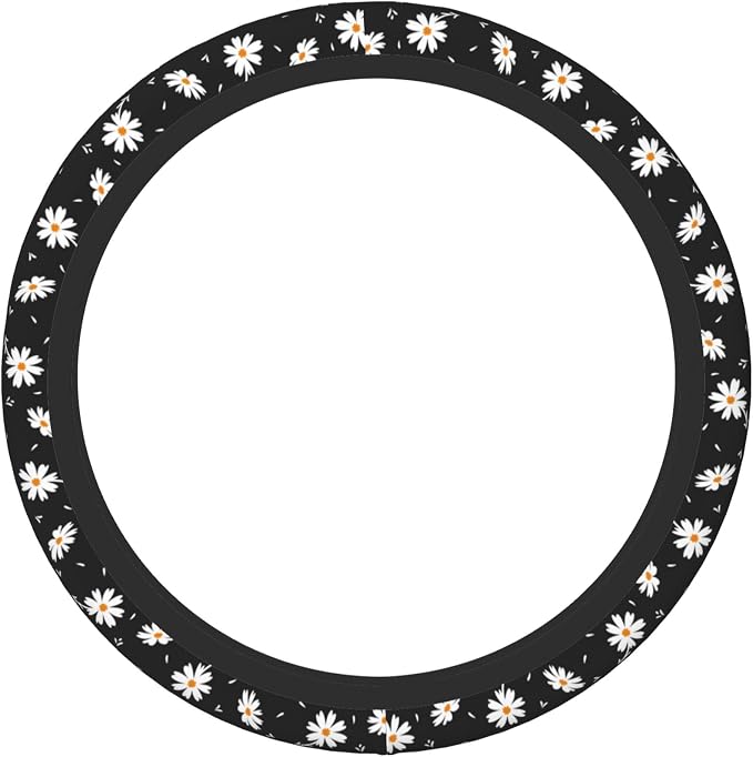 Daisy Floral Steering Wheel Cover Women Girls Cute Flower Car Steering Wheel Cover Black Anti-Slip Soft Neoprene Auto Accessories Interior Decor Protector Covers Gifts Elastic Universal 15 Inch