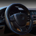 Steering Wheel Covers Universal 15 inch - Genuine Leather, Breathable, Anti Slip & Odor Free (Black with Blue Lines, M(14" 1/2-15" 1/4))
